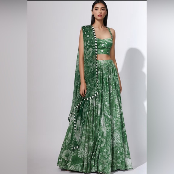 Saaksha & Kinni Green Printed Lehenga Set and Dupatta - Picture 1 of 5
